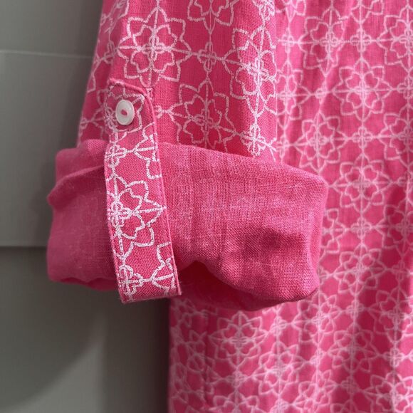 Charter Club Linen Shirt Womens Medium Pink White Floral Button Up Long Sleeve - Picture 5 of 12